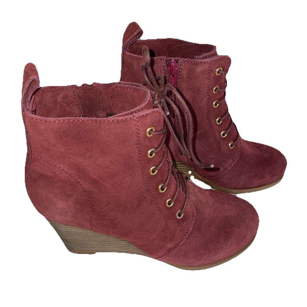 Diba Blake Suede 3" Wedge Zip Lace Up Bootie Burgundy Sz 9.5M